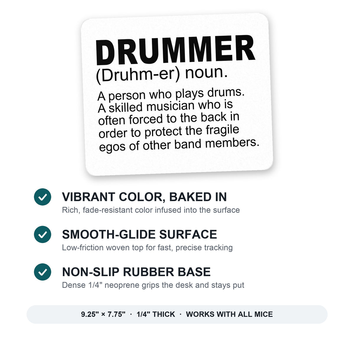 Drummer Dictionary Definition mouse pad: vibrant color, smooth-glide surface, non-slip rubber base, 9.25 x 7.75 inches