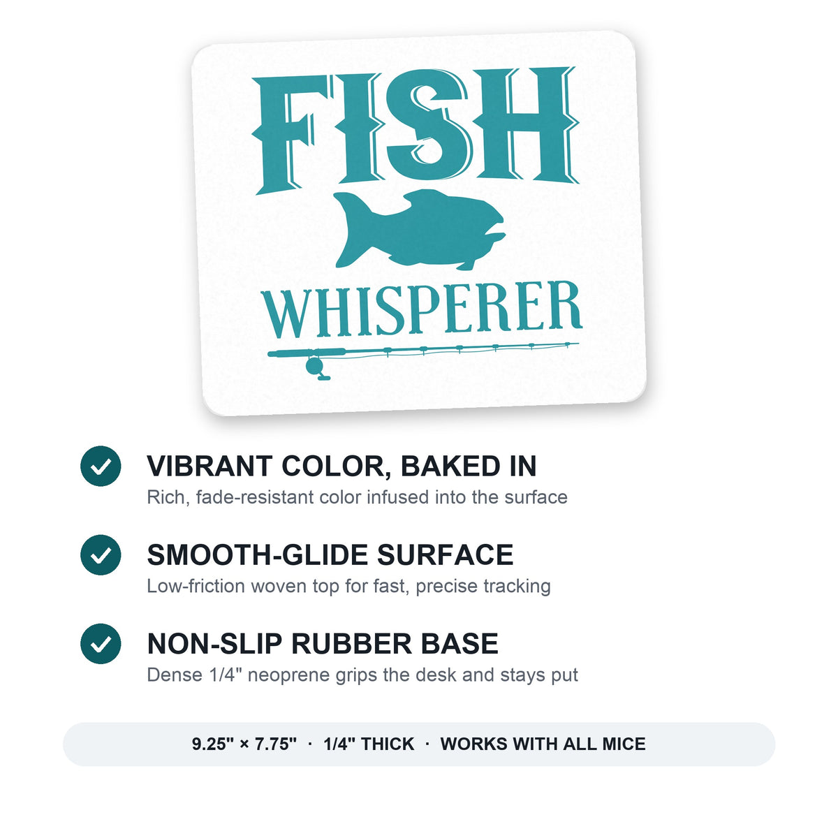 Fish Whisperer mouse pad: vibrant color, smooth-glide surface, non-slip rubber base, 9.25 x 7.75 inches