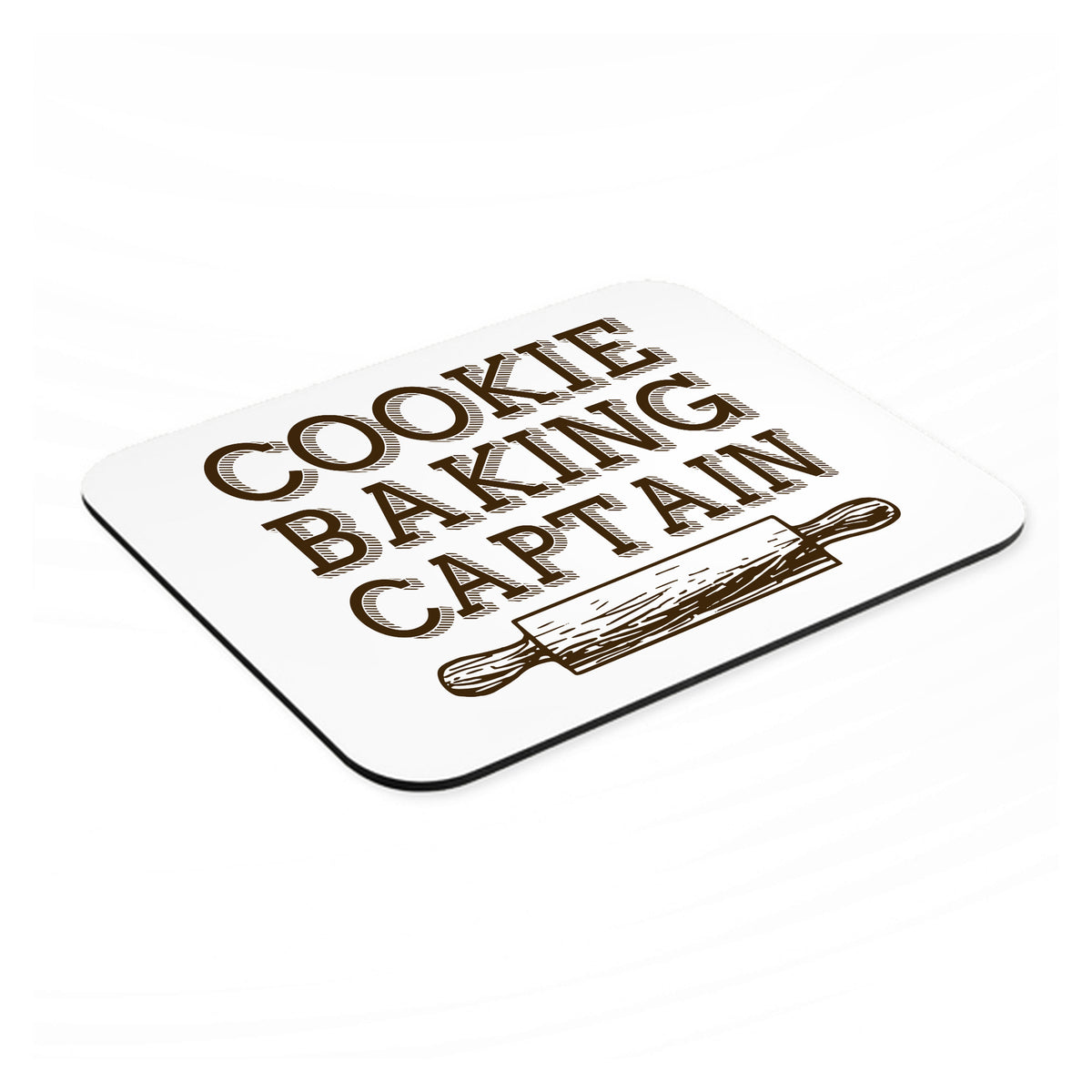Cookie Baking Captain Rolling Pin mouse pad, angled view showing the 1/4 inch thick base