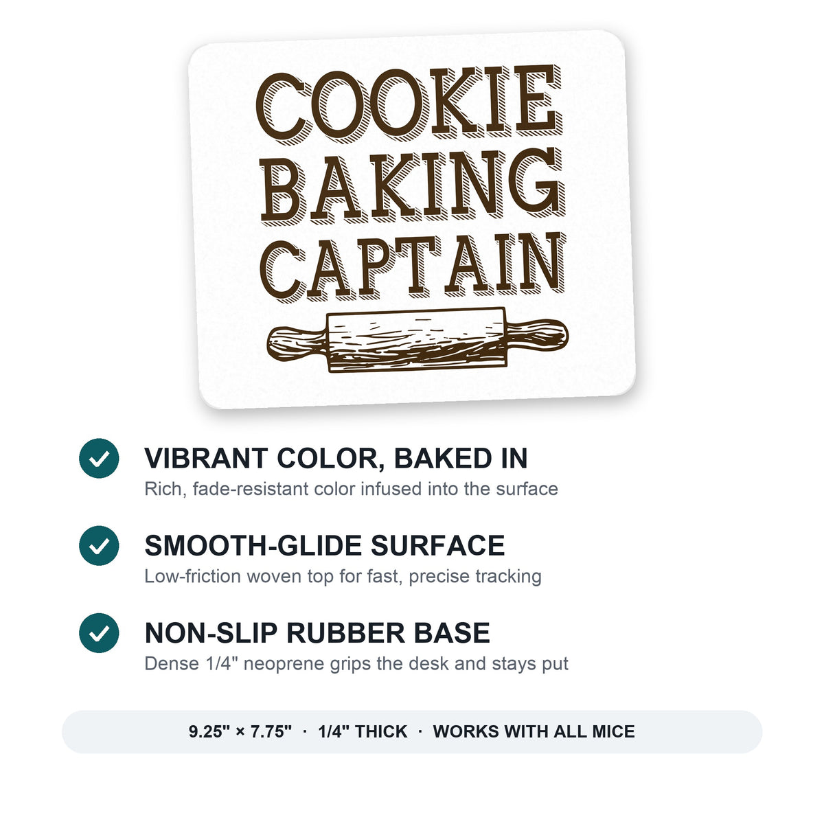 Cookie Baking Captain Rolling Pin mouse pad: vibrant color, smooth-glide surface, non-slip rubber base, 9.25 x 7.75 inches