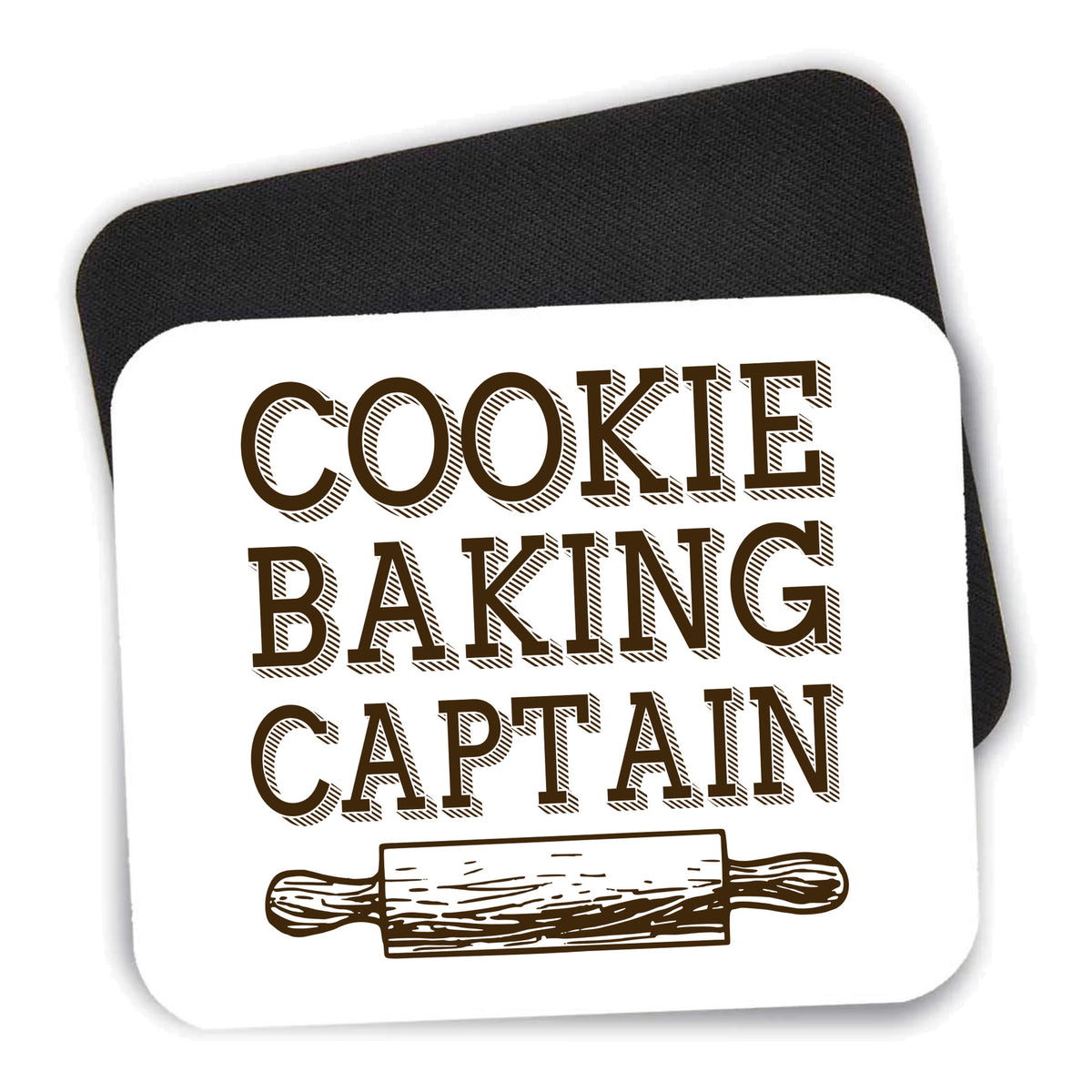 Cookie Baking Captain Rolling Pin mouse pad shown with its black non-slip rubber underside