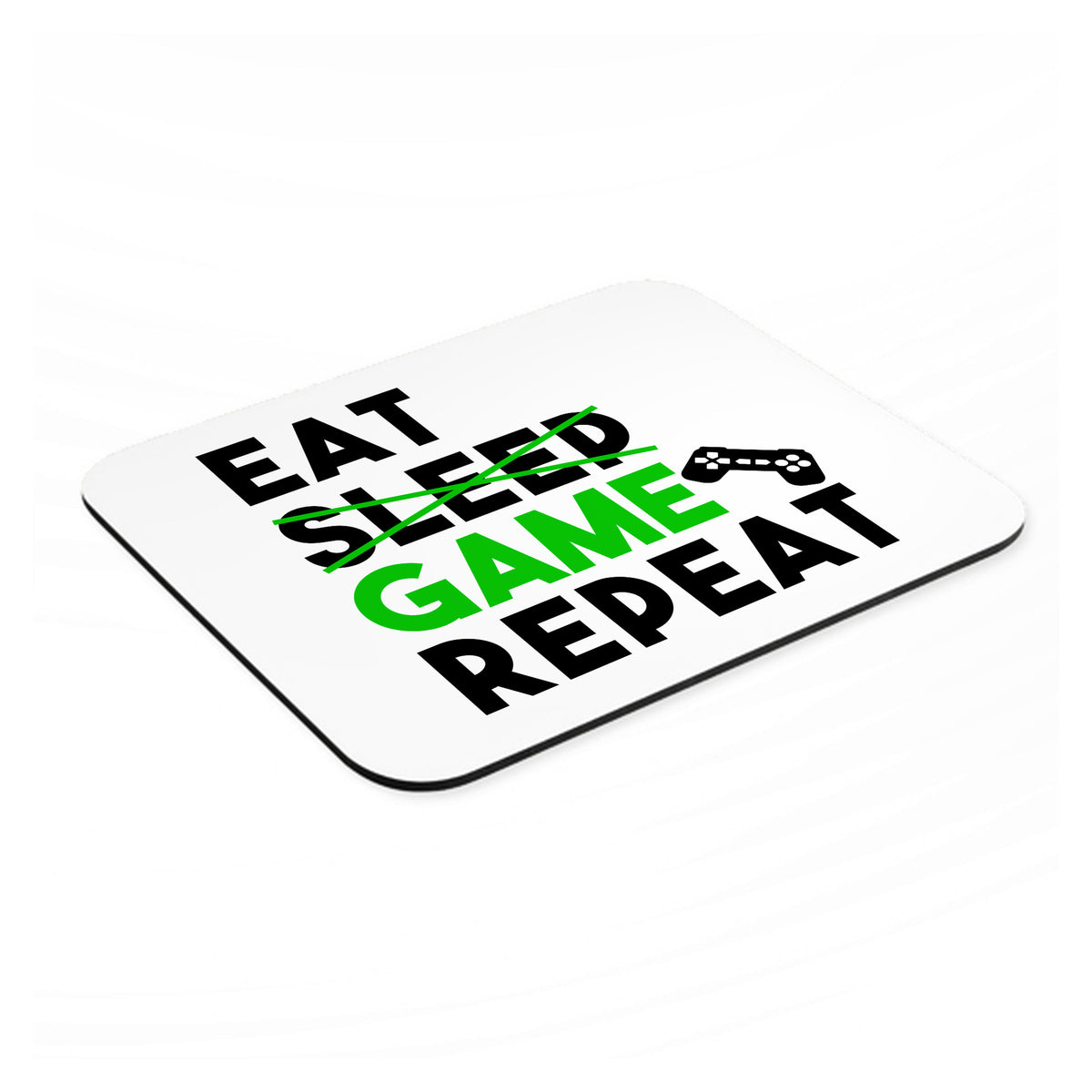 Eat Game Repeat - Video Games Gamer mouse pad, angled view showing the 1/4 inch thick base
