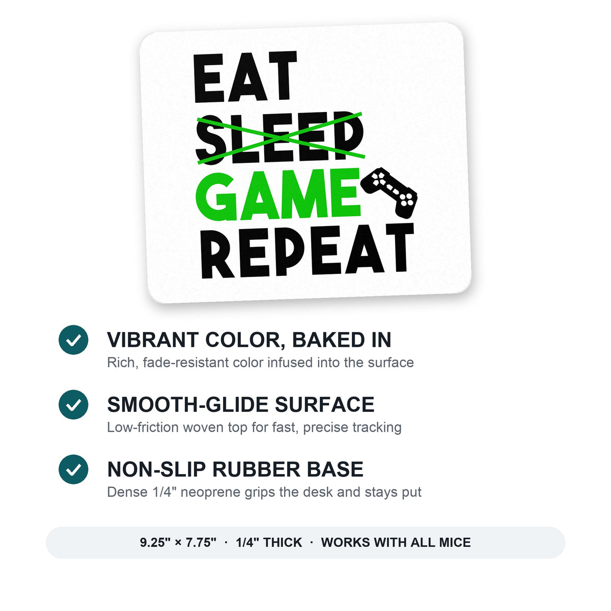 Eat Game Repeat - Video Games Gamer mouse pad: vibrant color, smooth-glide surface, non-slip rubber base, 9.25 x 7.75 inches