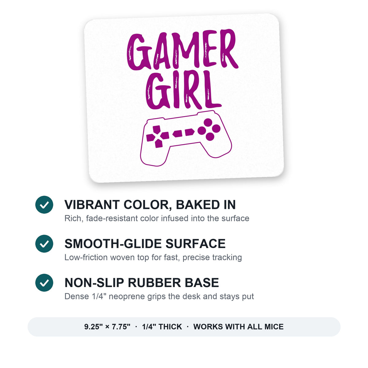 Gamer Girl - Video Games mouse pad: vibrant color, smooth-glide surface, non-slip rubber base, 9.25 x 7.75 inches