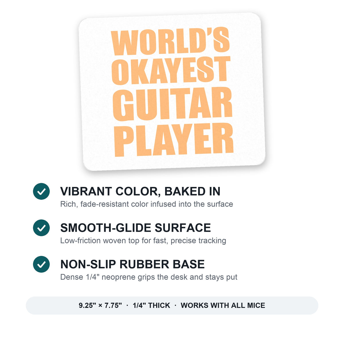 World's Okayest Guitar Player mouse pad: vibrant color, smooth-glide surface, non-slip rubber base, 9.25 x 7.75 inches