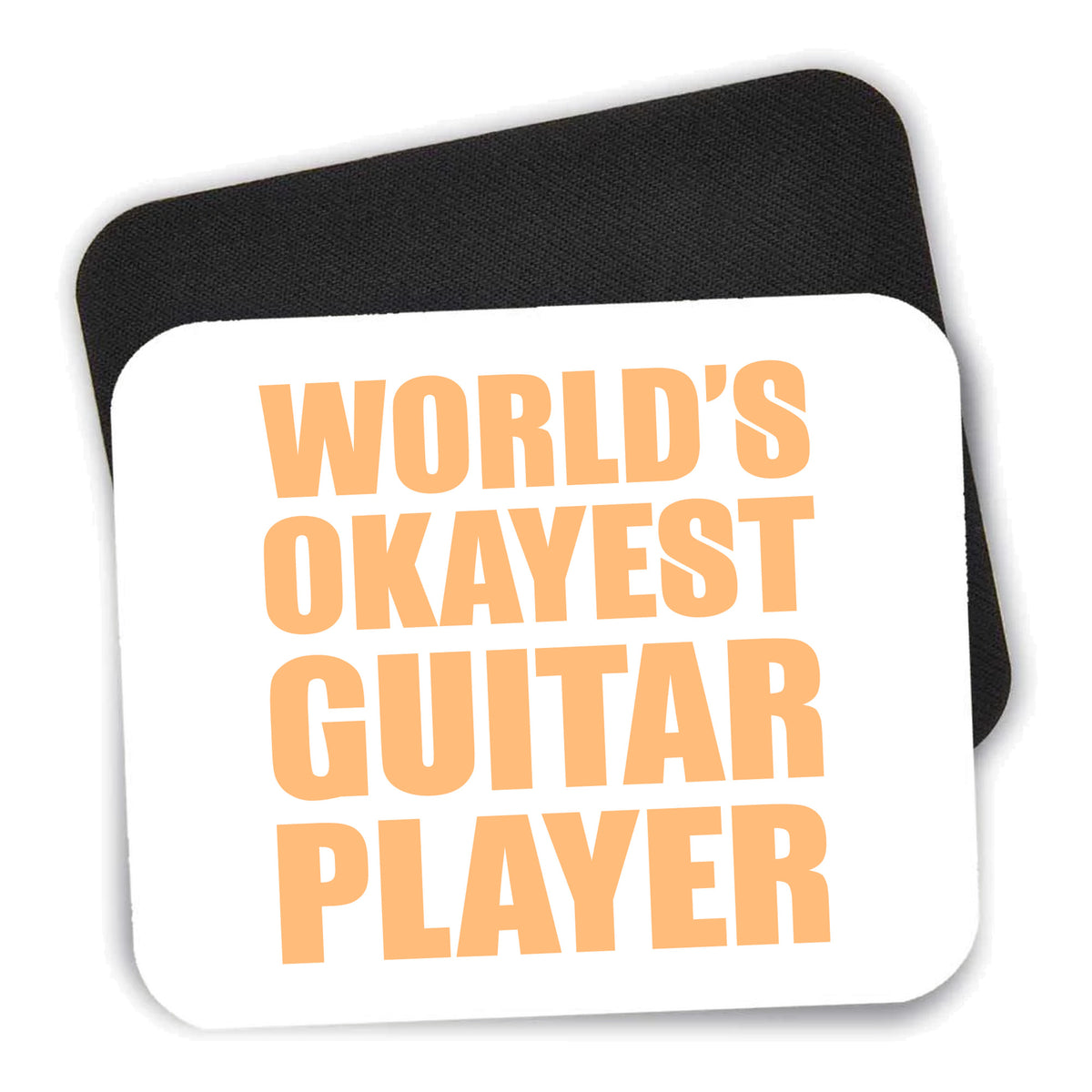World's Okayest Guitar Player mouse pad shown with its black non-slip rubber underside