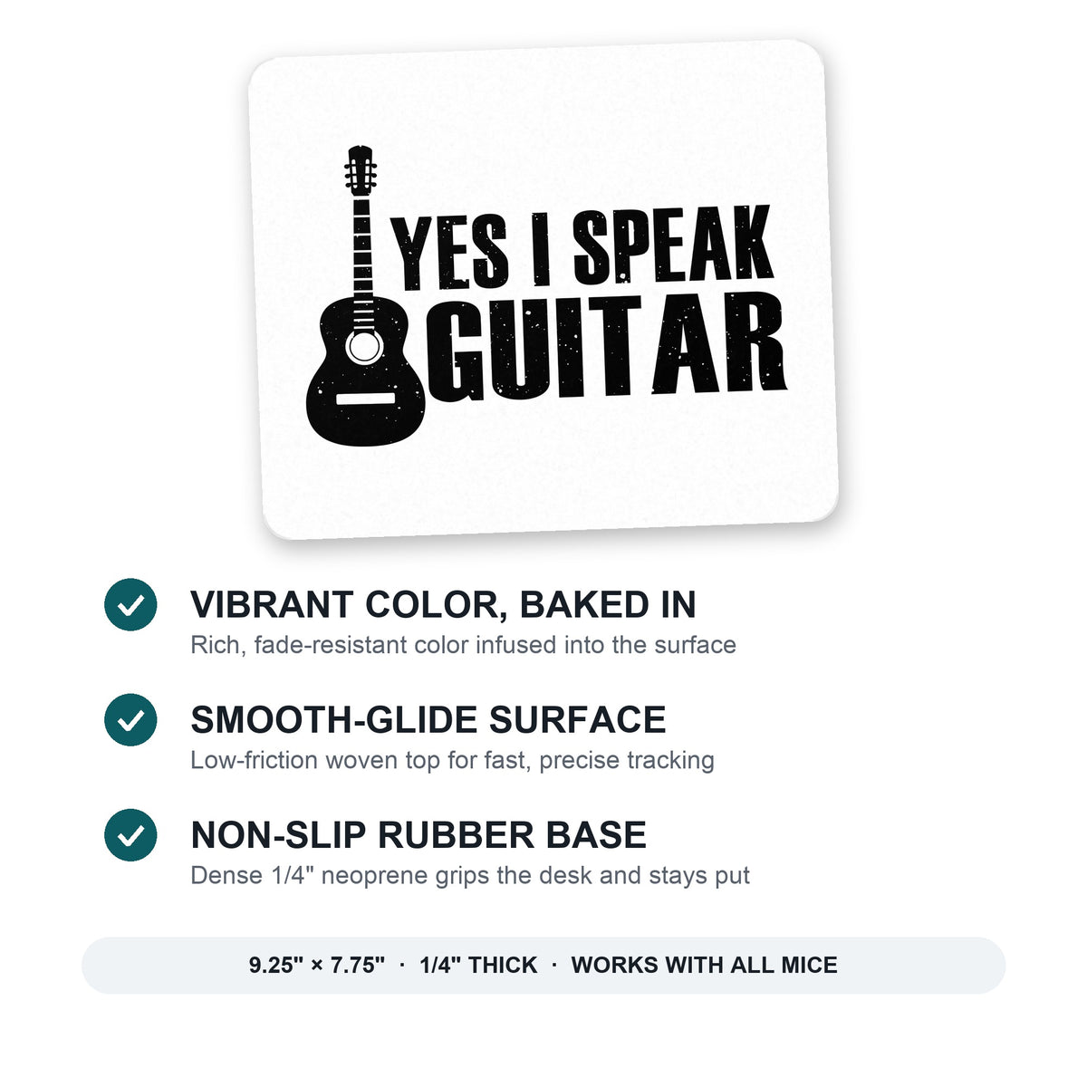 Yes I Speak Guitar mouse pad: vibrant color, smooth-glide surface, non-slip rubber base, 9.25 x 7.75 inches
