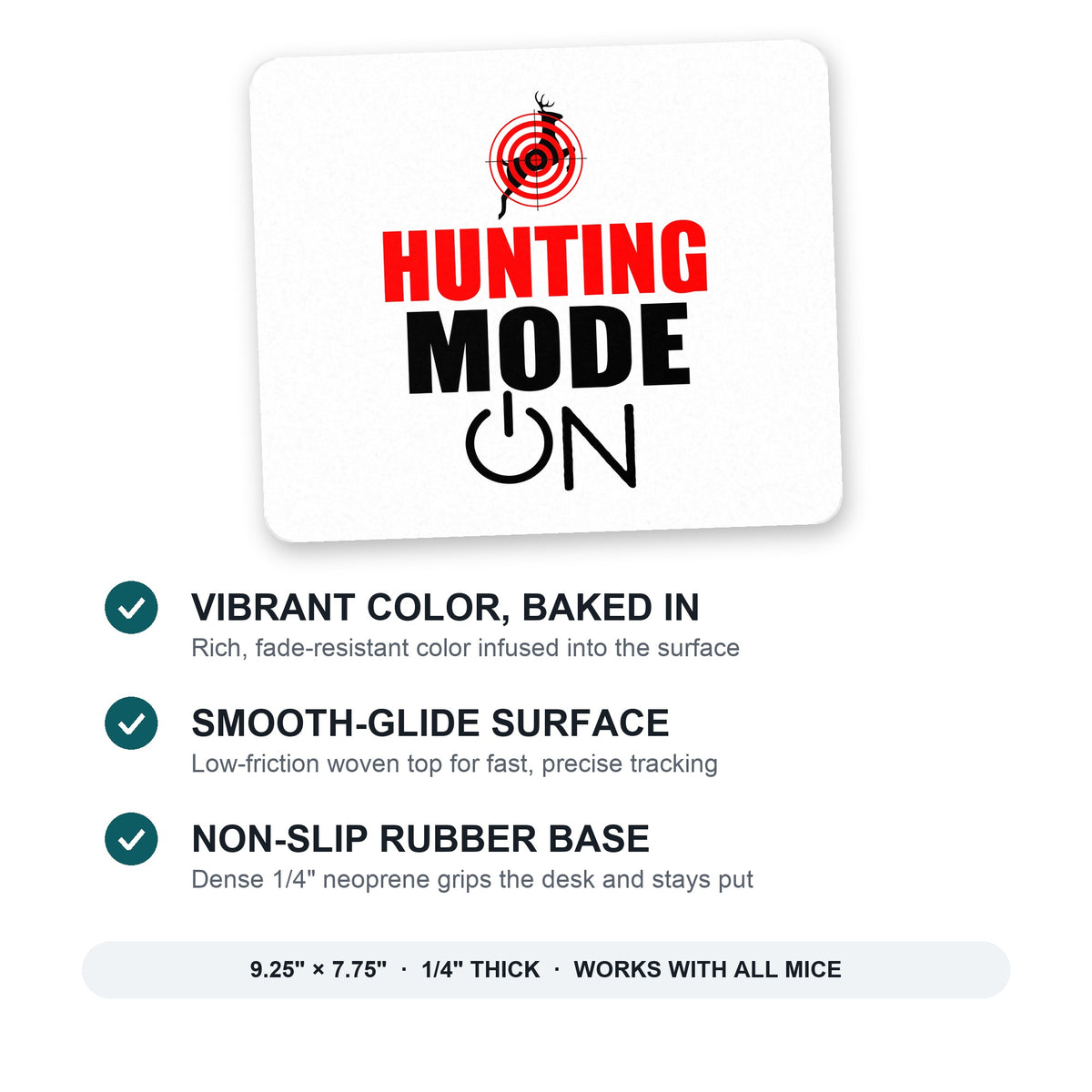 Hunting Mode - ON mouse pad: vibrant color, smooth-glide surface, non-slip rubber base, 9.25 x 7.75 inches