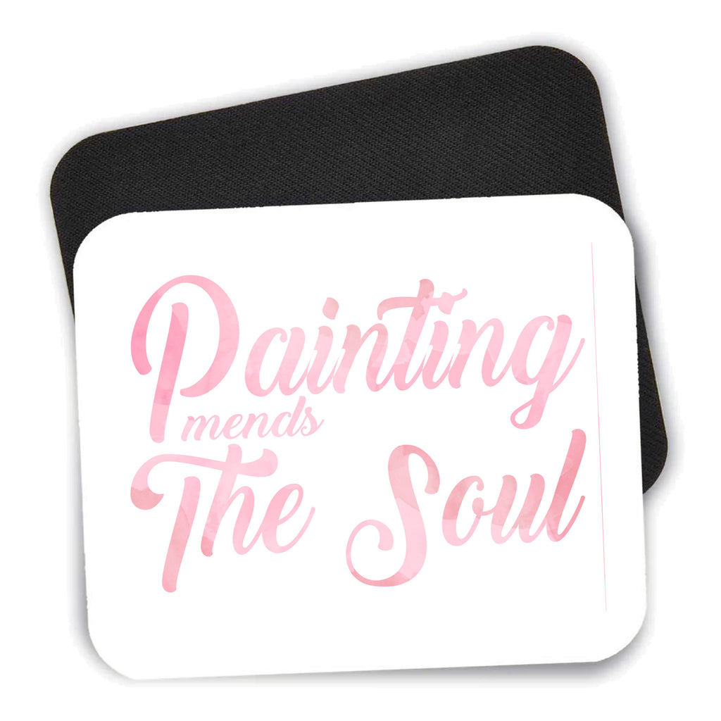 Painting Mends the Soul mouse pad shown with its black non-slip rubber underside