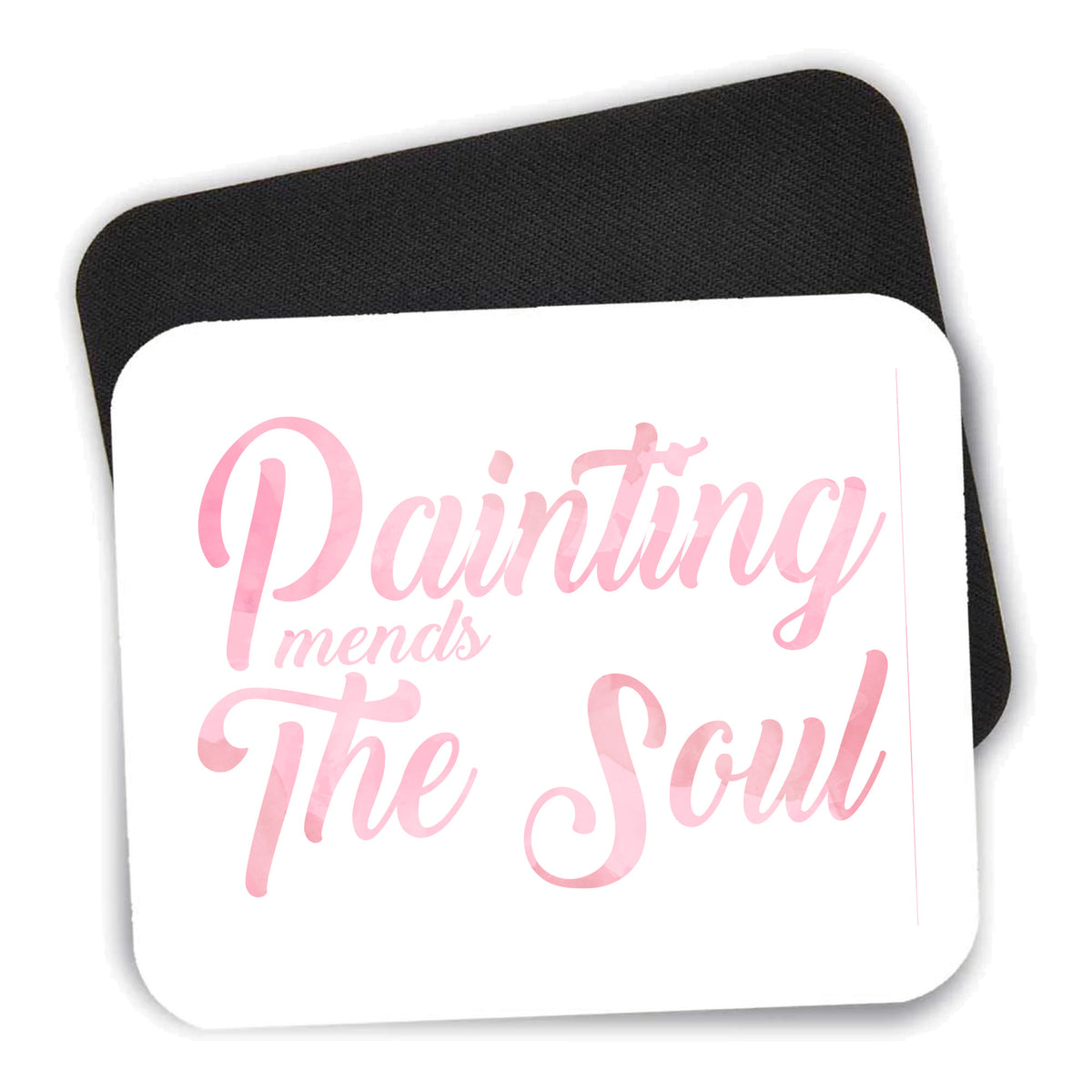 Painting Mends the Soul mouse pad shown with its black non-slip rubber underside