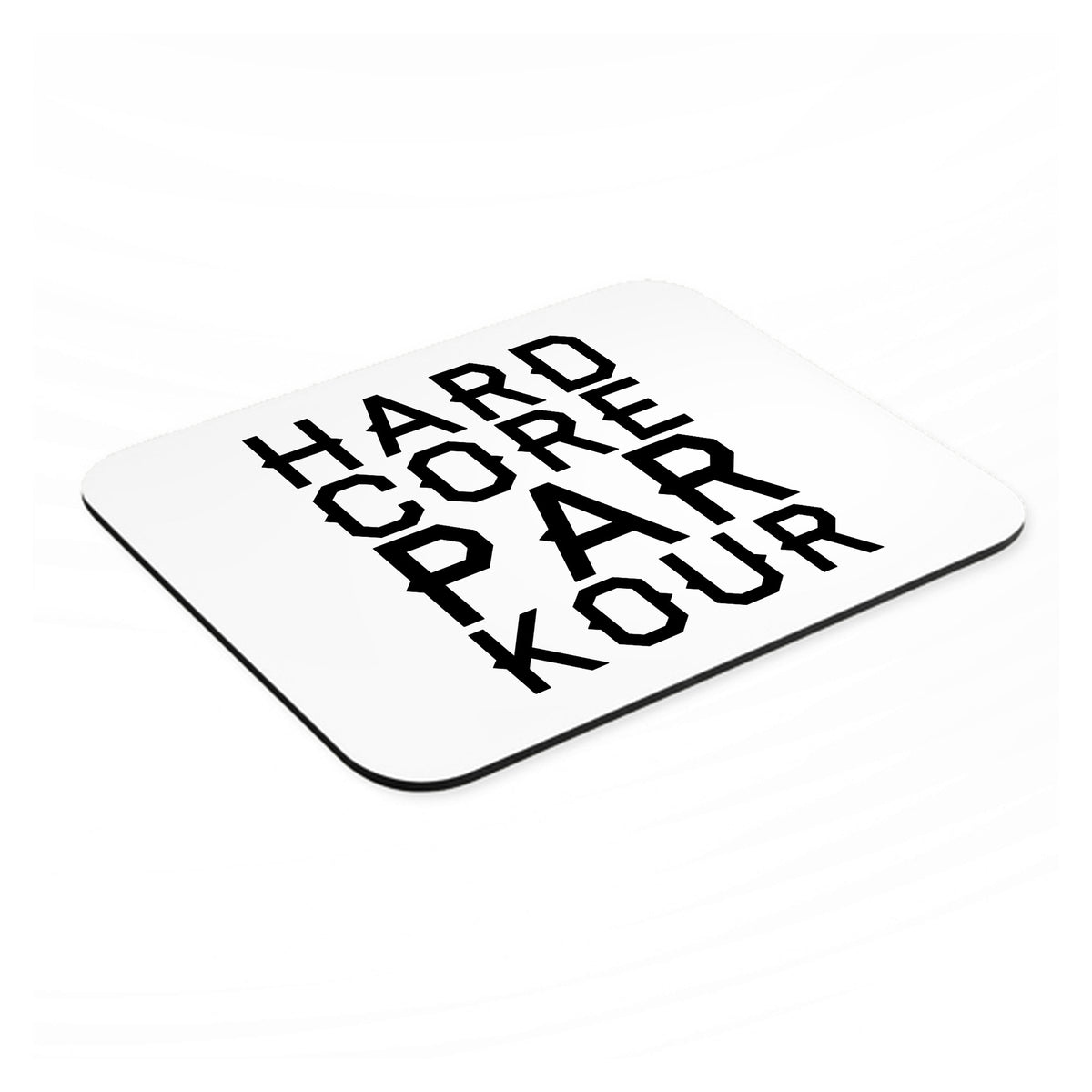 Hard Core Parkour mouse pad, angled view showing the 1/4 inch thick base