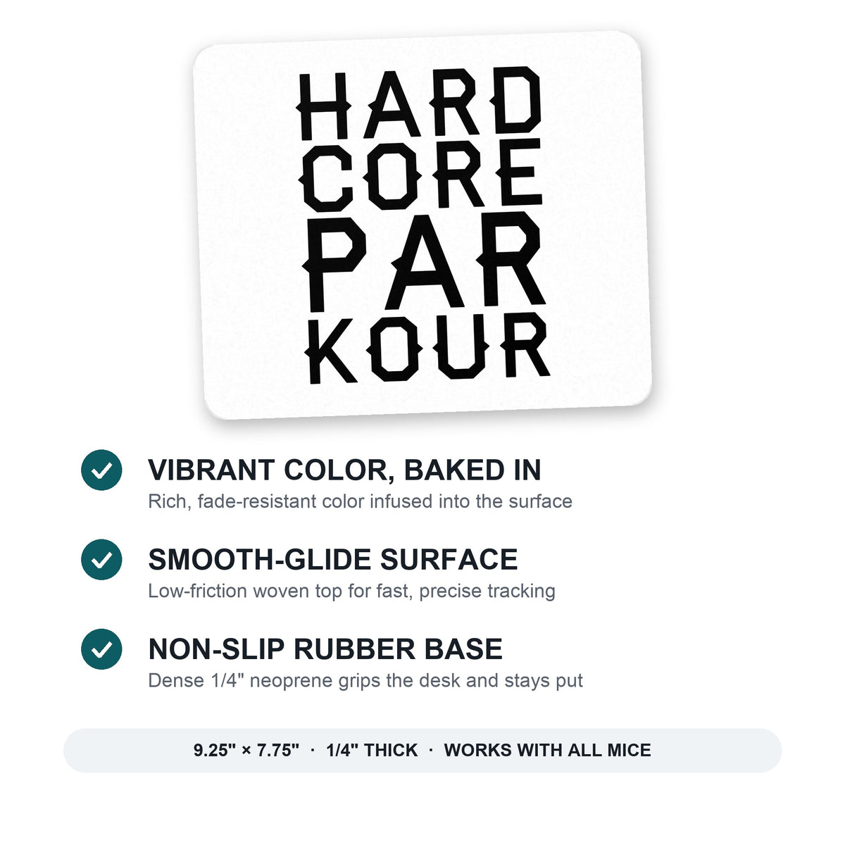 Hard Core Parkour mouse pad: vibrant color, smooth-glide surface, non-slip rubber base, 9.25 x 7.75 inches