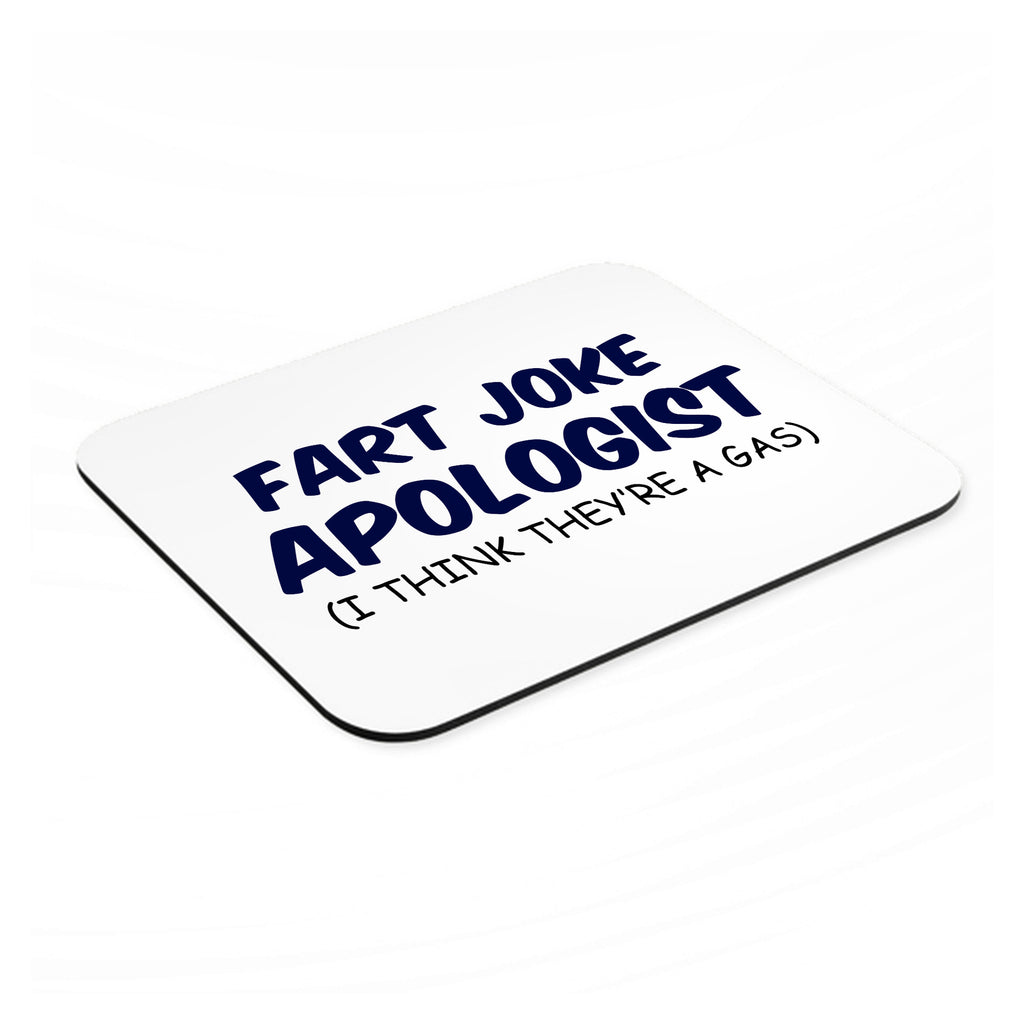 Fart Joke Apologist I Think They're a Gas mouse pad, angled view showing the 1/4 inch thick base