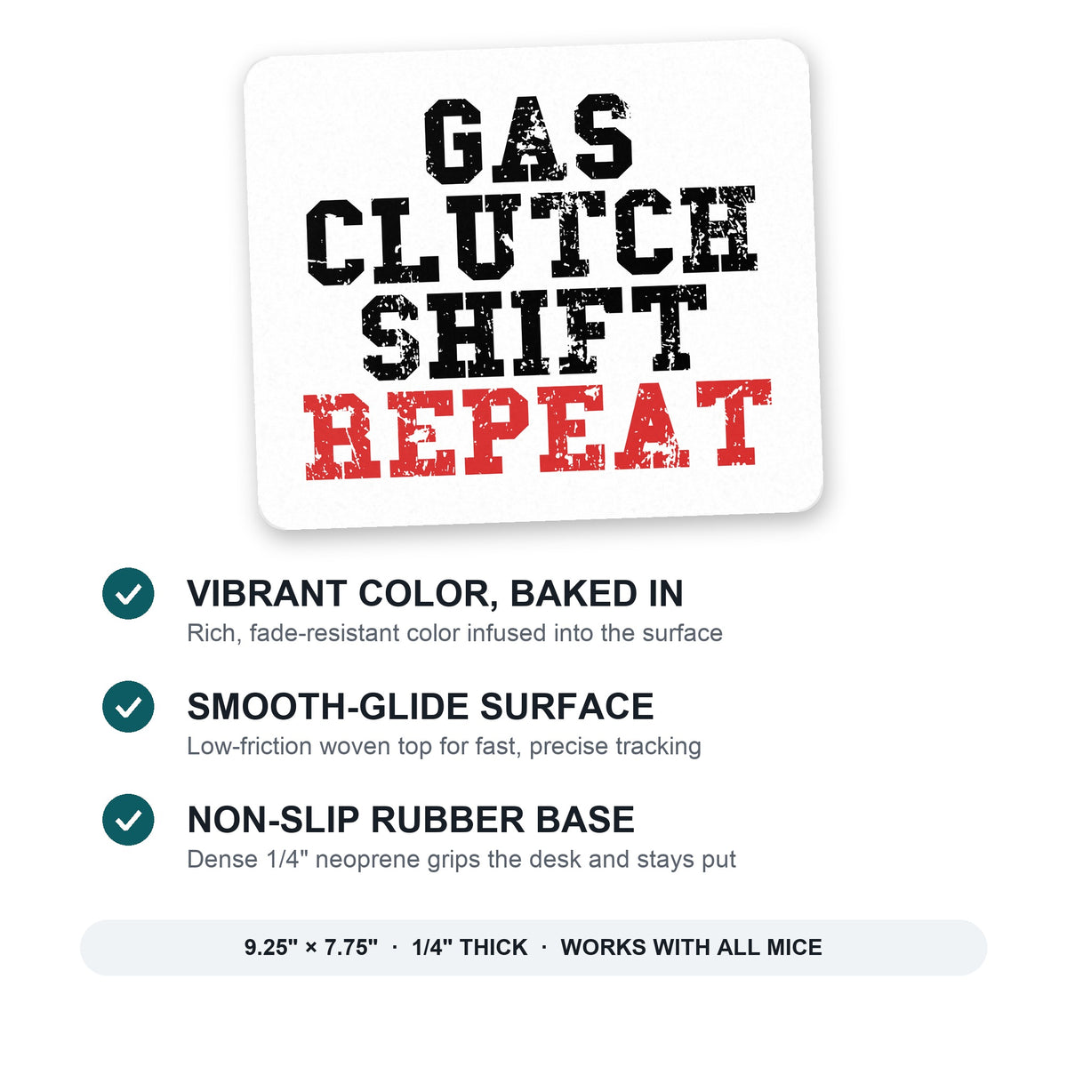 Gas Clutch Shift Repeat mouse pad: vibrant color, smooth-glide surface, non-slip rubber base, 9.25 x 7.75 inches