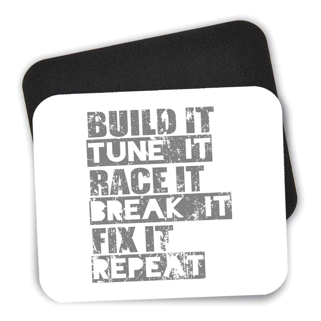 Build It Tune Race Break Fix Repeat mouse pad shown with its black non-slip rubber underside