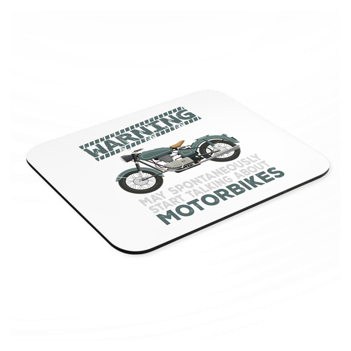 Spontaneously Talking About Motorcycles mouse pad, angled view showing the 1/4 inch thick base