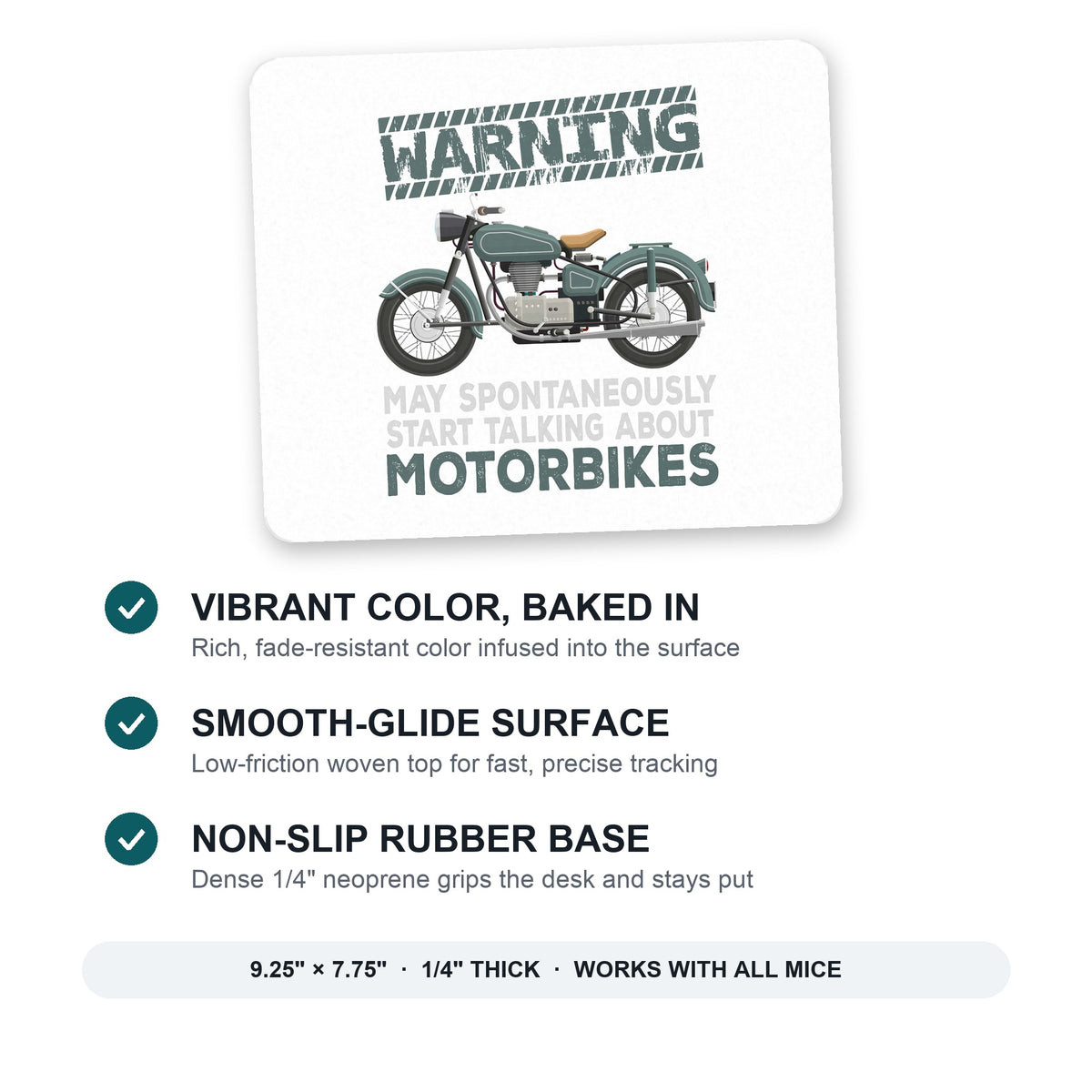 Spontaneously Talking About Motorcycles mouse pad: vibrant color, smooth-glide surface, non-slip rubber base, 9.25 x 7.75 inches