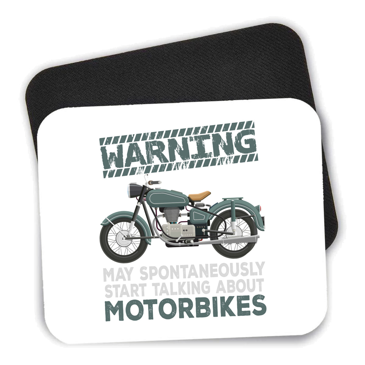Spontaneously Talking About Motorcycles mouse pad shown with its black non-slip rubber underside