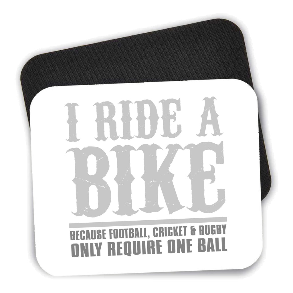 I Ride Bike - Sports Only Require 1 Ball mouse pad shown with its black non-slip rubber underside