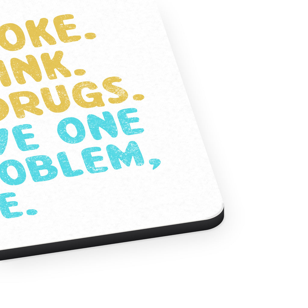 I Don't Smoke, Drink, Drugs - I Lie mouse pad, close-up of the fabric surface and rubber edge