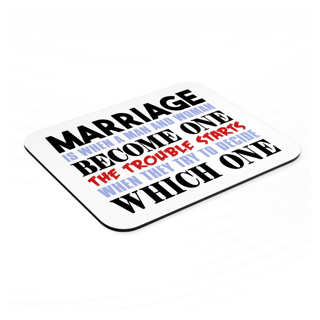 Marriage Trouble Starts mouse pad, angled view showing the 1/4 inch thick base