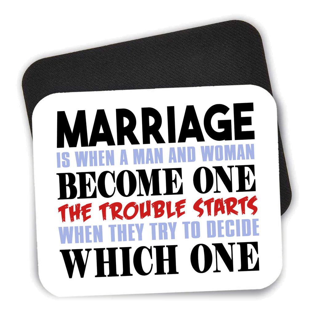 Marriage Trouble Starts mouse pad shown with its black non-slip rubber underside