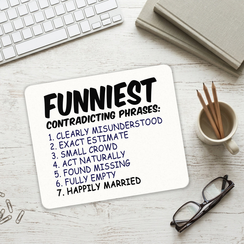 Funniest Contradicting Phrases - Married mouse pad on a desk with a keyboard