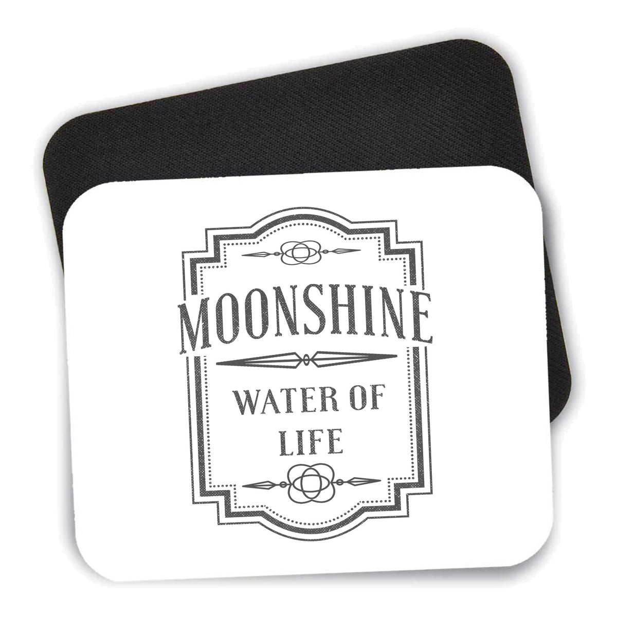 Moonshine - Water of Life mouse pad shown with its black non-slip rubber underside