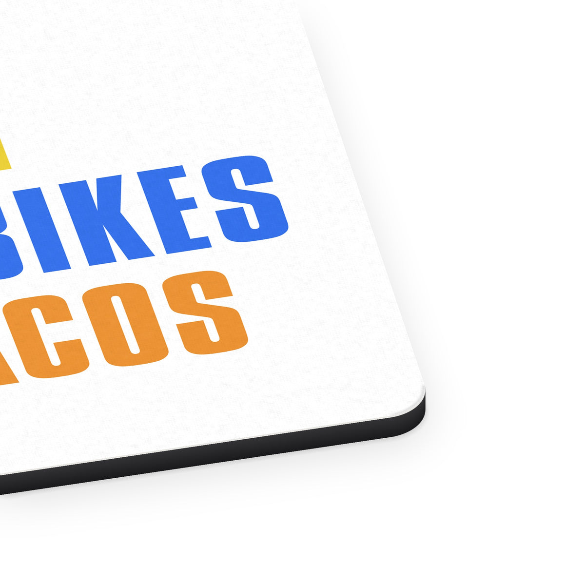 Eat Beer Drink Bikes Ride Tacos mouse pad, close-up of the fabric surface and rubber edge
