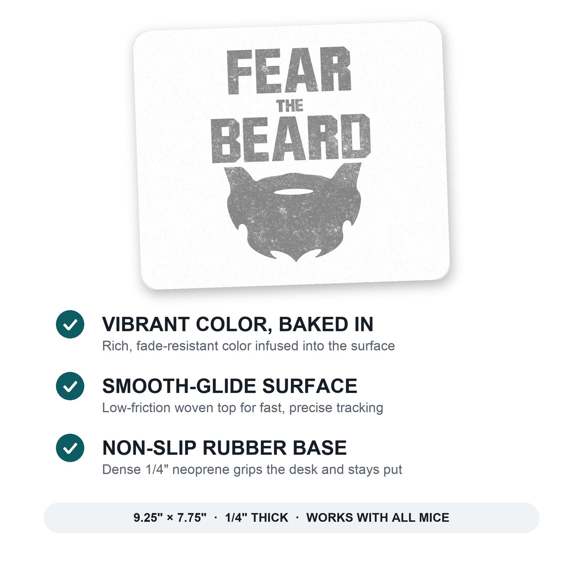 Fear the Beard mouse pad: vibrant color, smooth-glide surface, non-slip rubber base, 9.25 x 7.75 inches