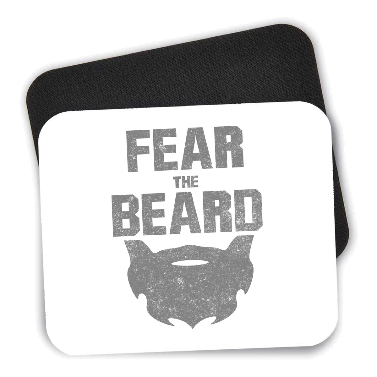 Fear the Beard mouse pad shown with its black non-slip rubber underside