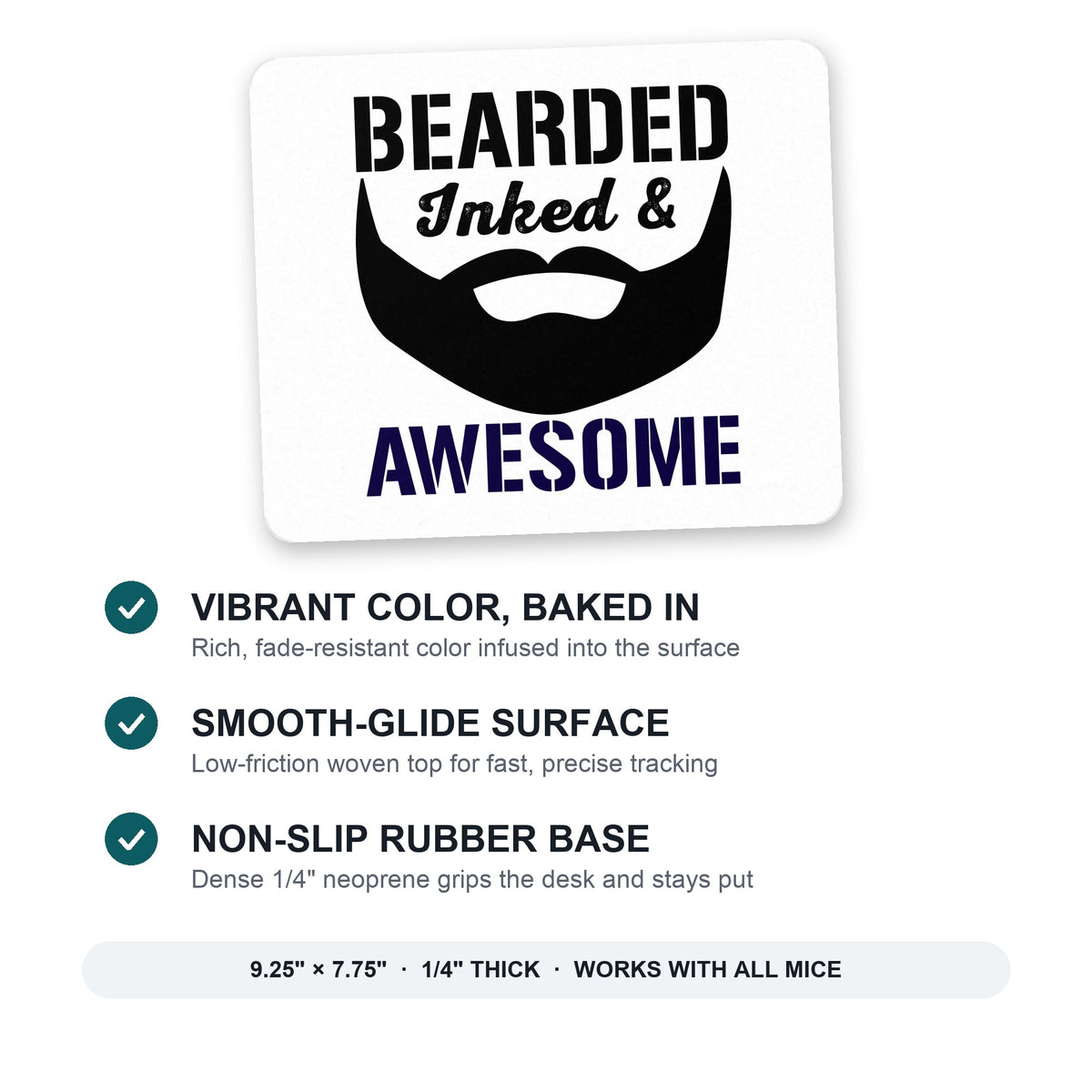 Bearded Inked & Awesome mouse pad: vibrant color, smooth-glide surface, non-slip rubber base, 9.25 x 7.75 inches