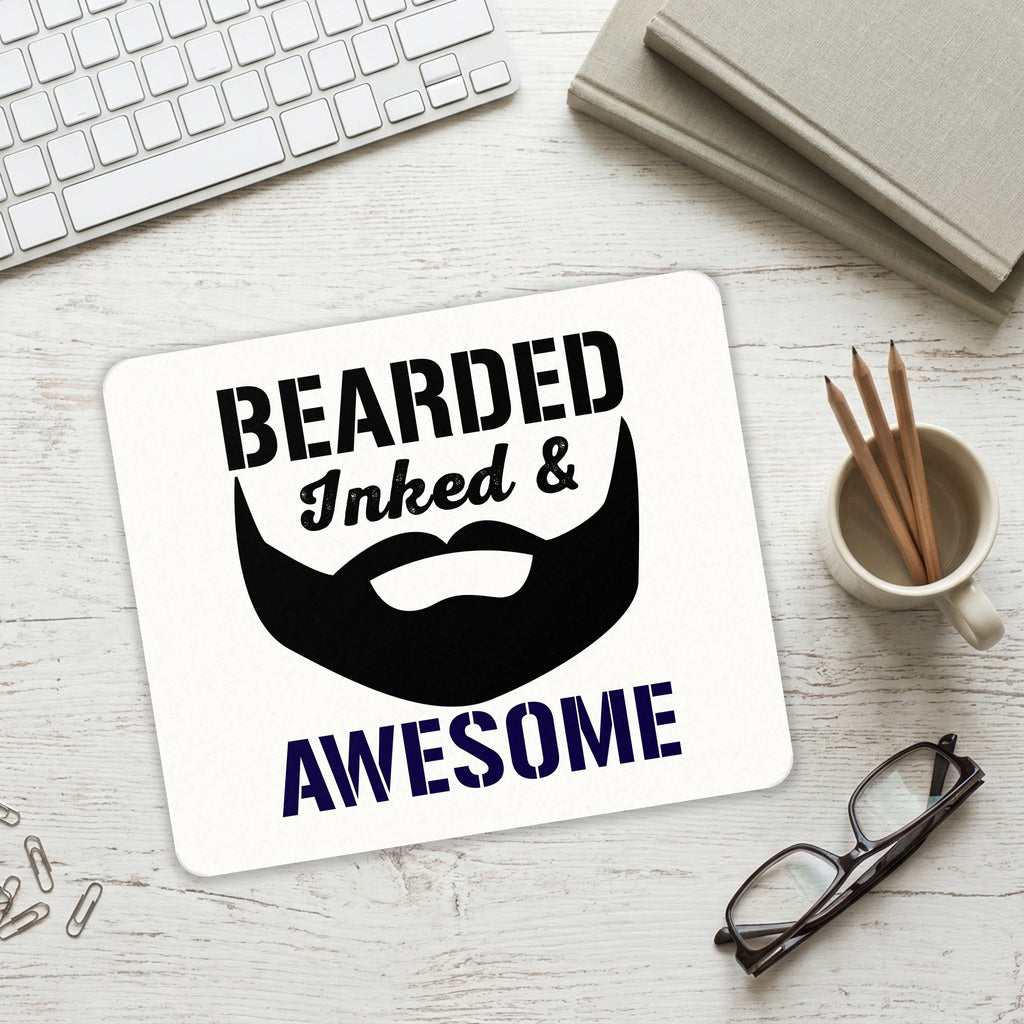 Bearded Inked & Awesome mouse pad on a desk with a keyboard