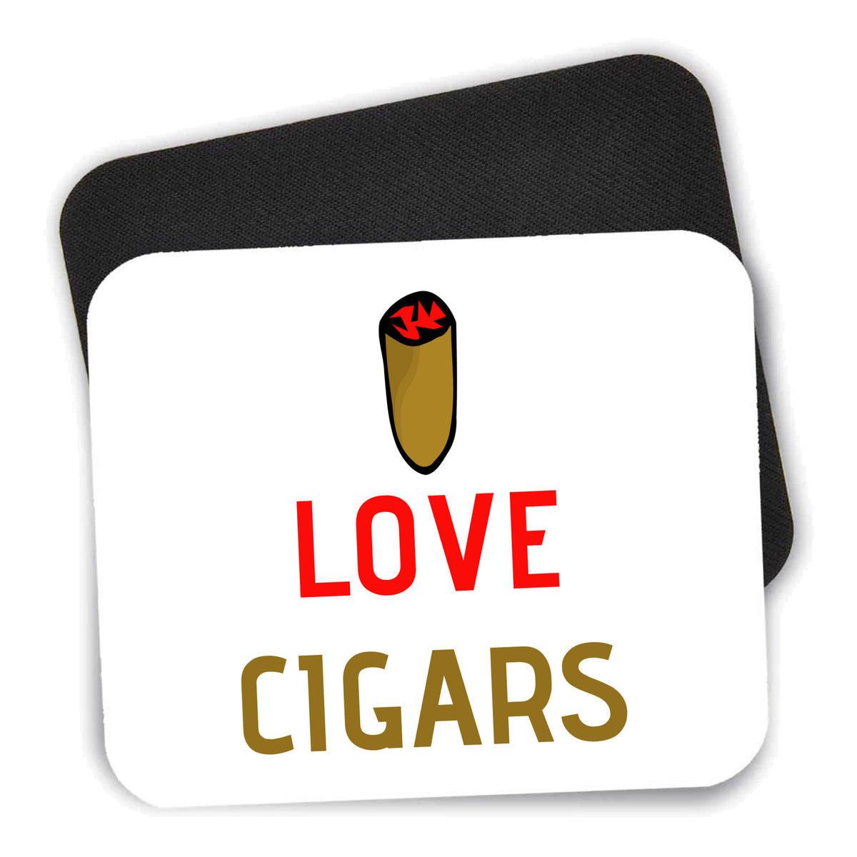 I Love Cigars mouse pad shown with its black non-slip rubber underside