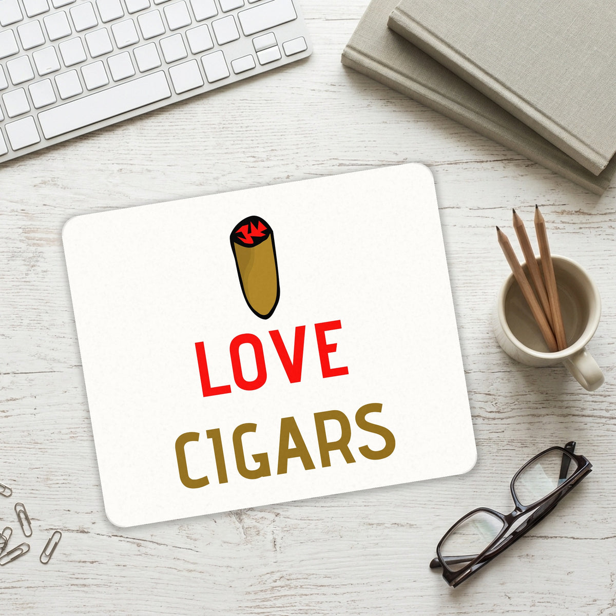 I Love Cigars mouse pad on a desk with a keyboard