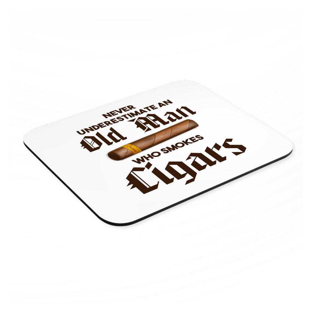 Never Underestimate Old Man Who Smokes Cigars mouse pad, angled view showing the 1/4 inch thick base