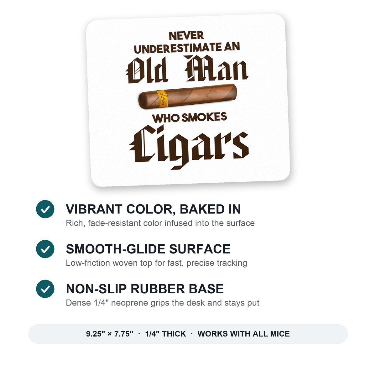 Never Underestimate Old Man Who Smokes Cigars mouse pad: vibrant color, smooth-glide surface, non-slip rubber base, 9.25 x 7.75 inches