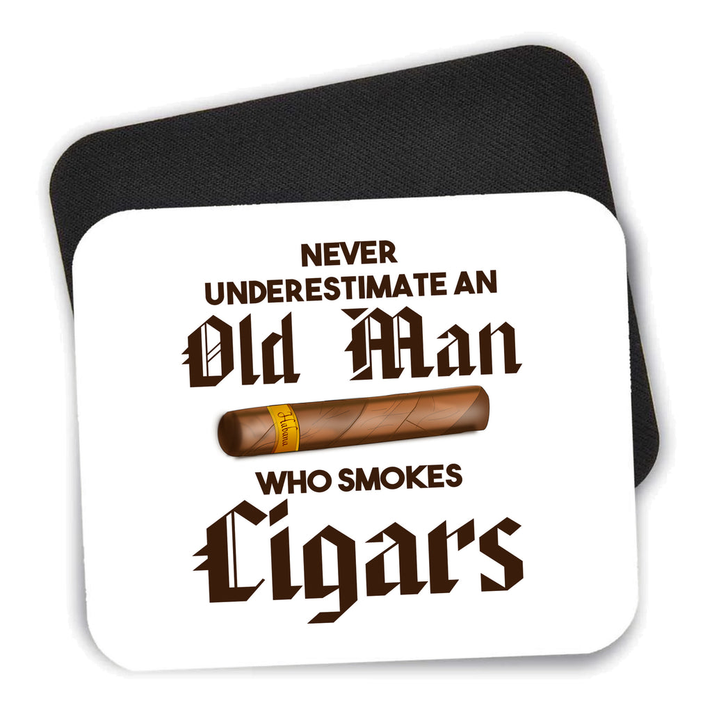 Never Underestimate Old Man Who Smokes Cigars mouse pad shown with its black non-slip rubber underside