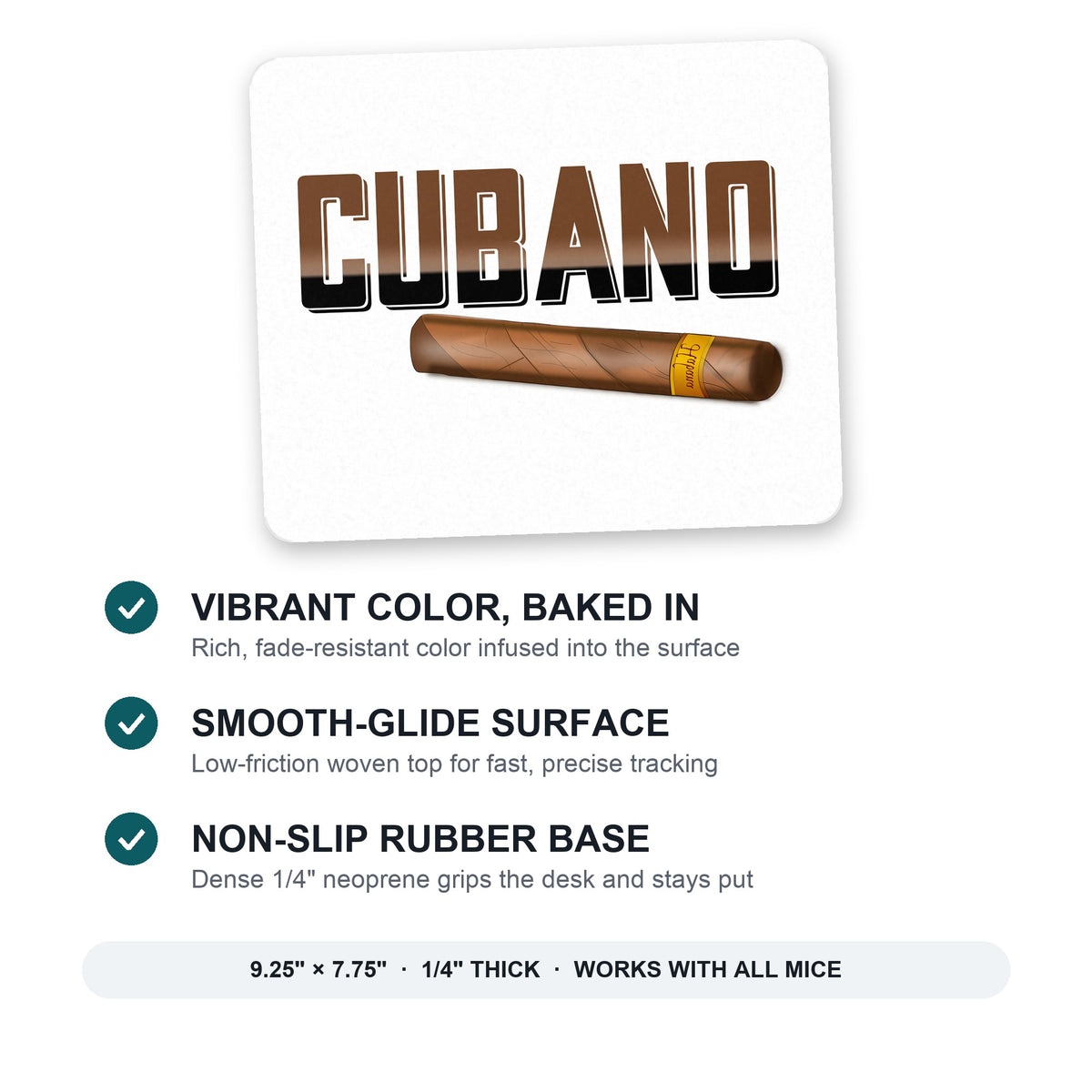 Cubano. Cigars mouse pad: vibrant color, smooth-glide surface, non-slip rubber base, 9.25 x 7.75 inches