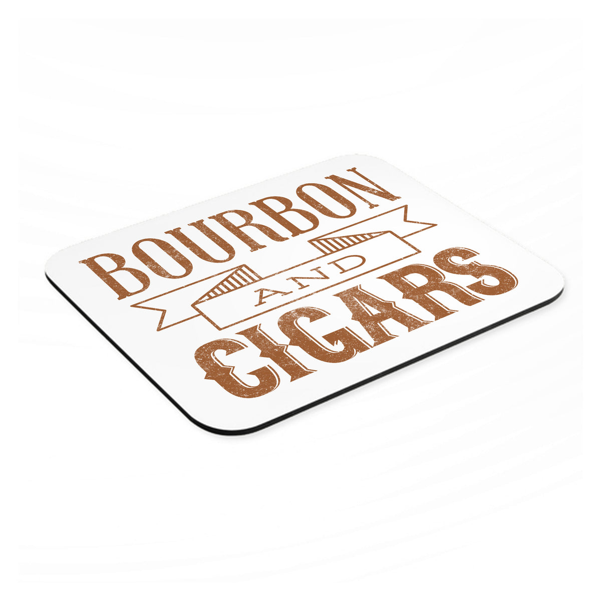 Bourbon and Cigars mouse pad, angled view showing the 1/4 inch thick base