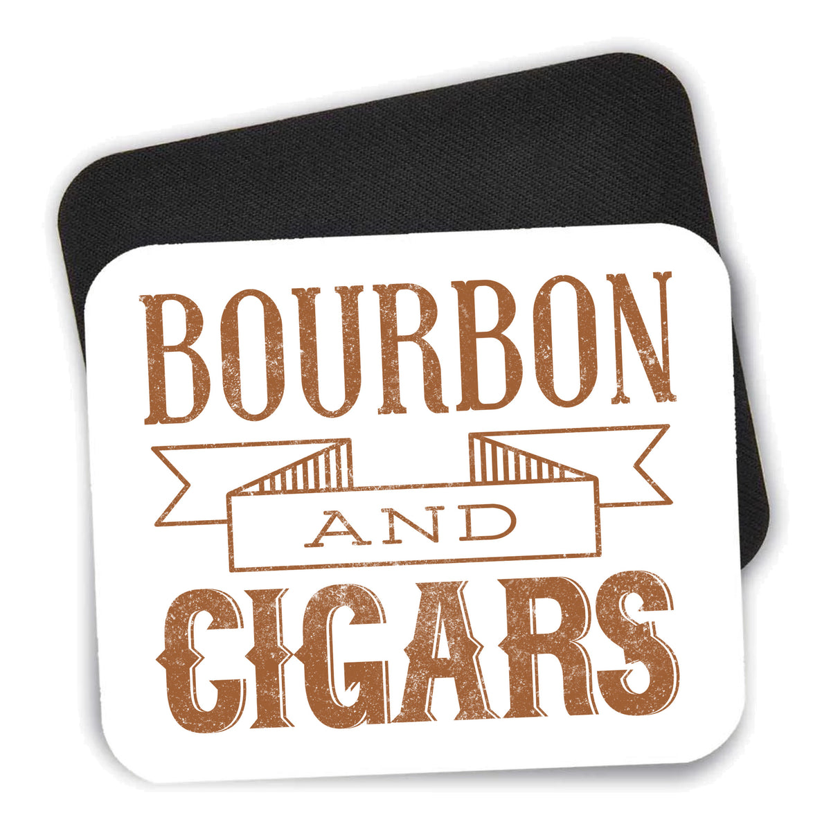 Bourbon and Cigars mouse pad shown with its black non-slip rubber underside