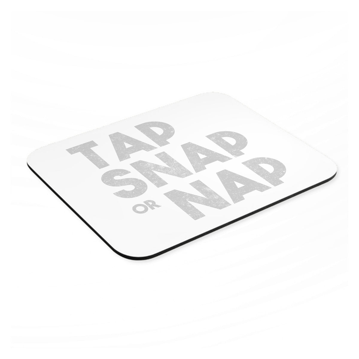 Tap Snap or Nap mouse pad, angled view showing the 1/4 inch thick base