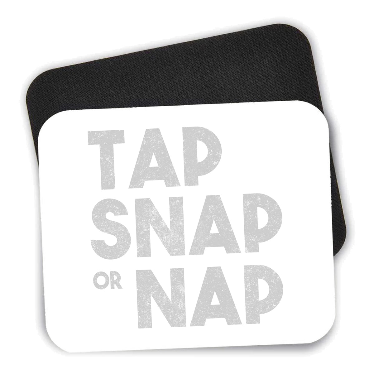 Tap Snap or Nap mouse pad shown with its black non-slip rubber underside
