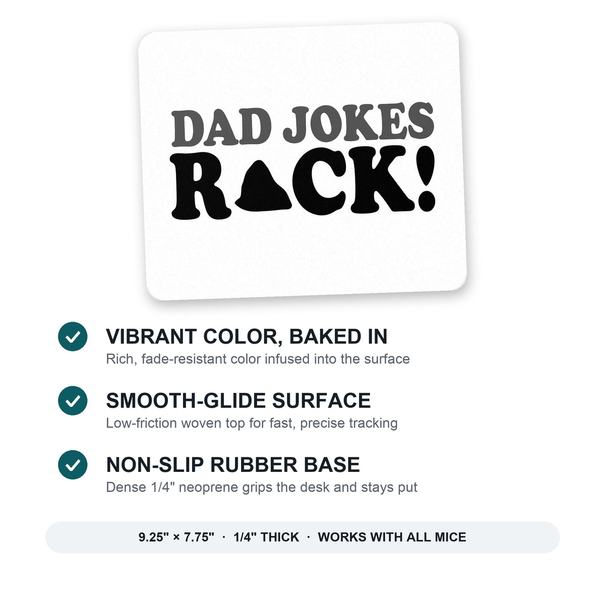 Dad Jokes Rock mouse pad: vibrant color, smooth-glide surface, non-slip rubber base, 9.25 x 7.75 inches