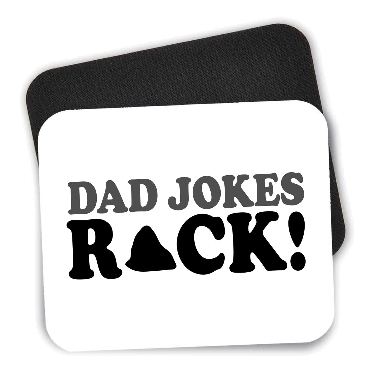 Dad Jokes Rock mouse pad shown with its black non-slip rubber underside