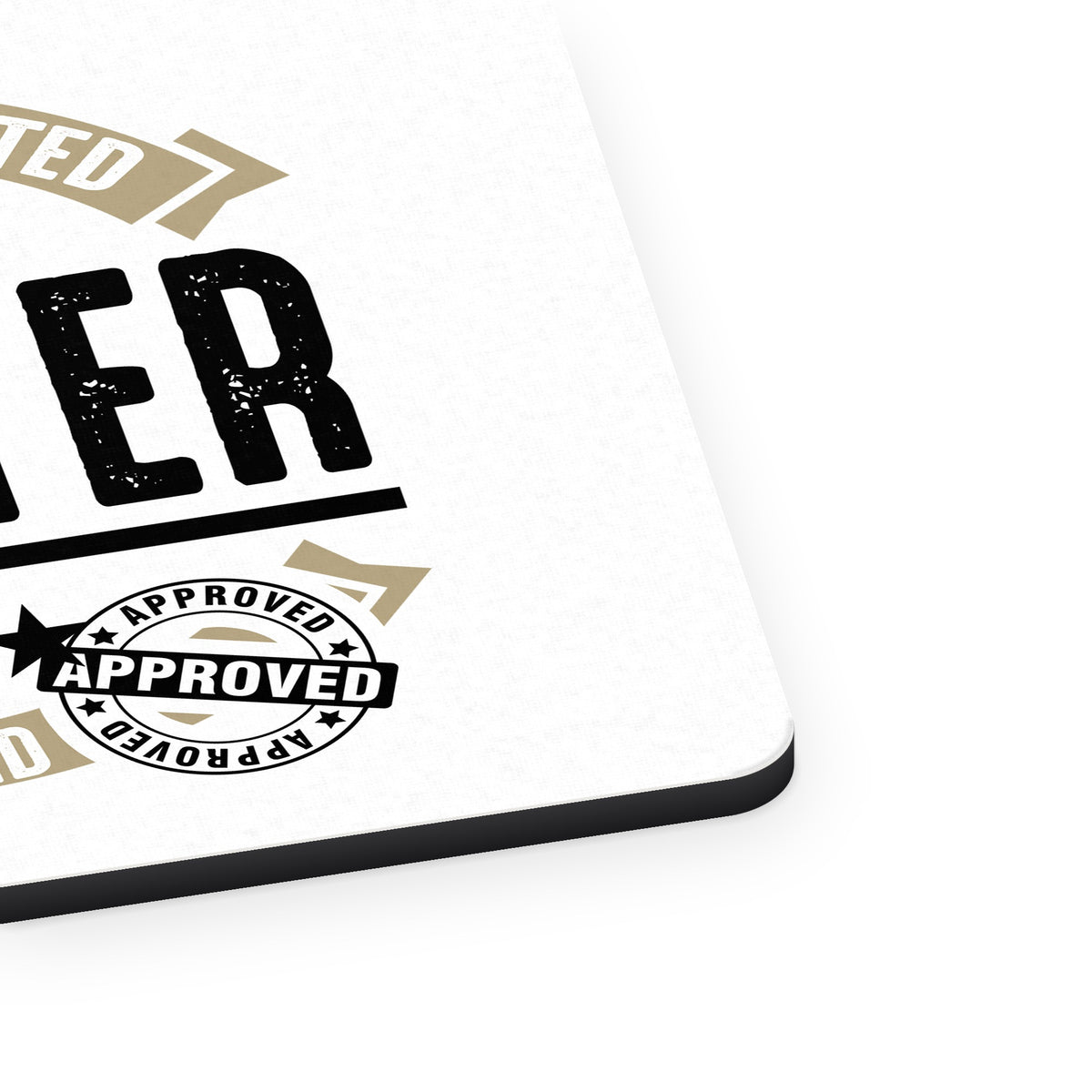 Genuine Trusted Lawyer One of a Kind mouse pad, close-up of the fabric surface and rubber edge