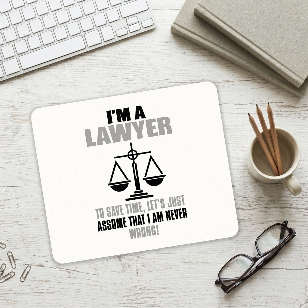 I'm A Lawyer Let's Assume I Am Never Wrong mouse pad on a desk with a keyboard
