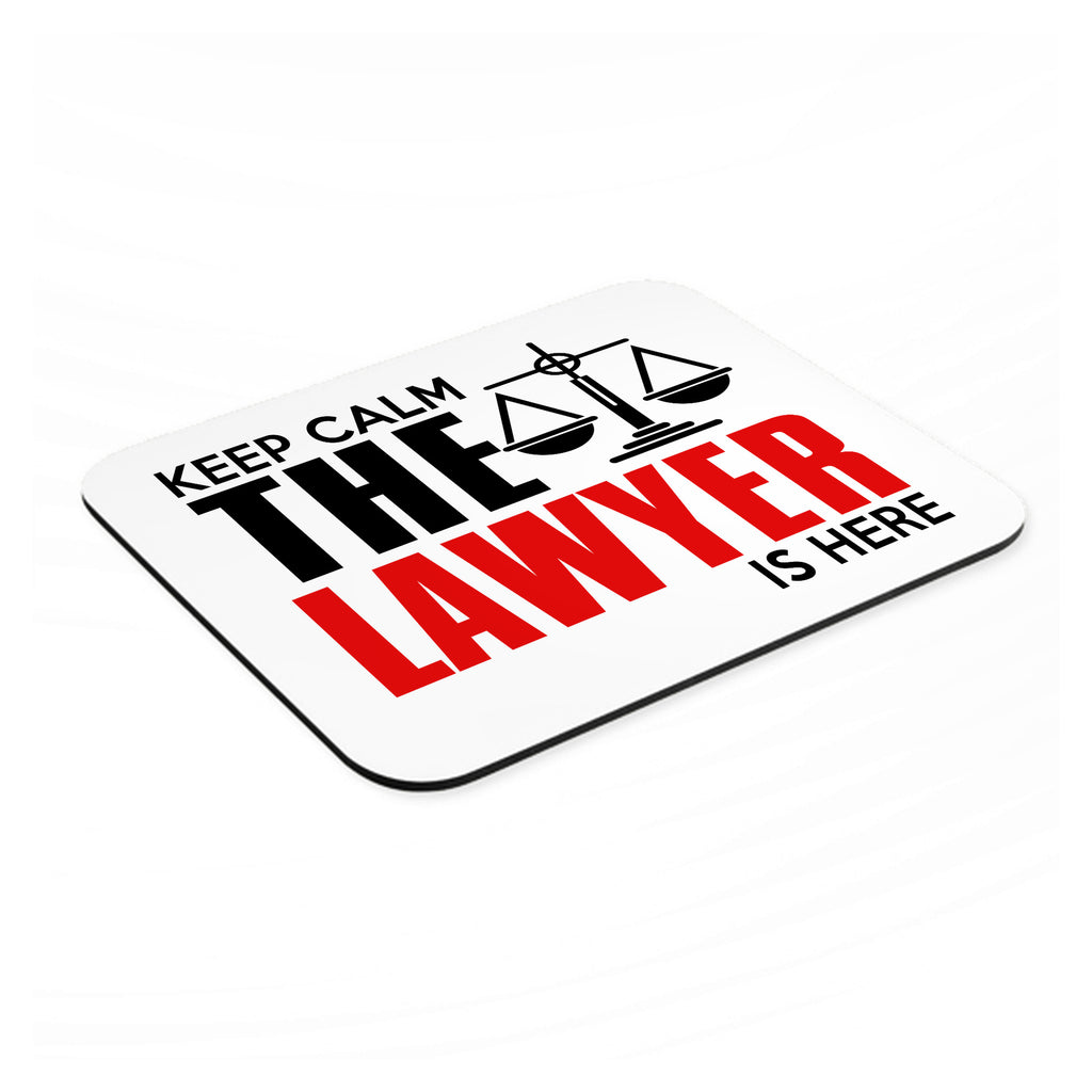 Keep Calm The Lawyer Is Here mouse pad, angled view showing the 1/4 inch thick base