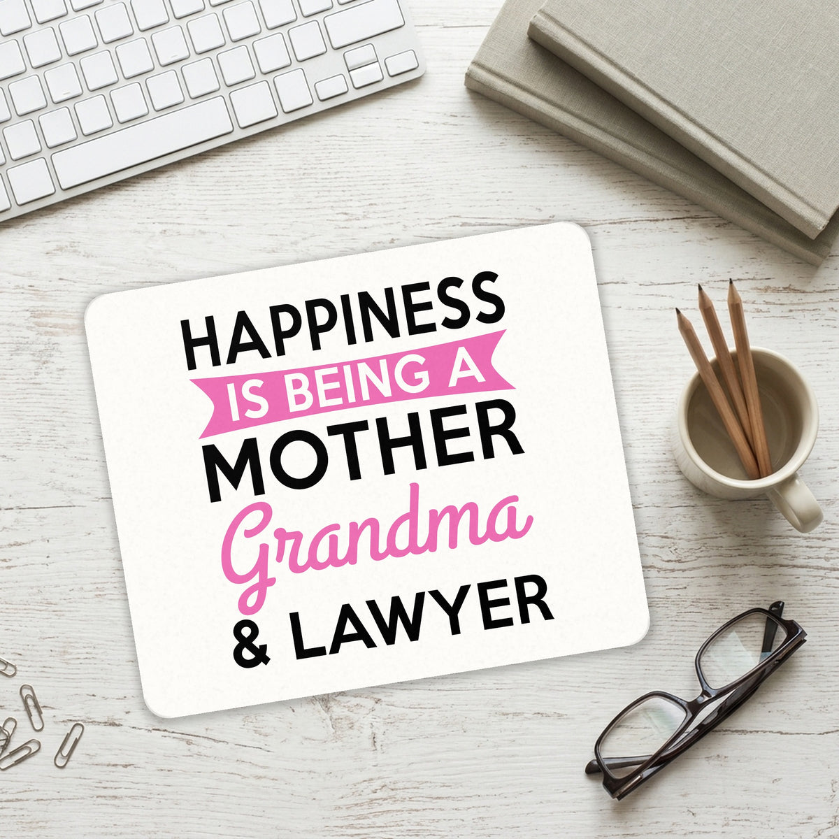 Happiness is Being a Mother Grandma Lawyer mouse pad on a desk with a keyboard