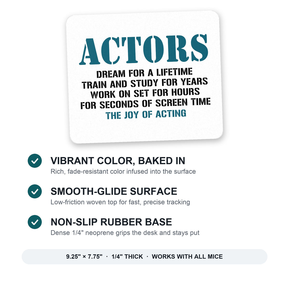 Actors Dream Train Study Work for Screen Time mouse pad: vibrant color, smooth-glide surface, non-slip rubber base, 9.25 x 7.75 inches